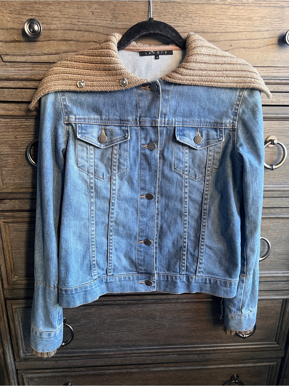 Theory Denim Jacket with Built-In Ribbed Knit Collar Light Wash Size M